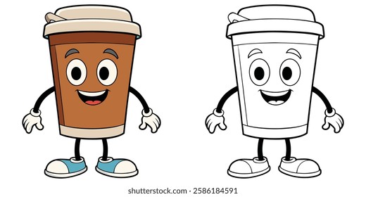 Happy Coffee Cup Cartoon Mascot Smile Coloring Book For Kids Printable Outline Vector