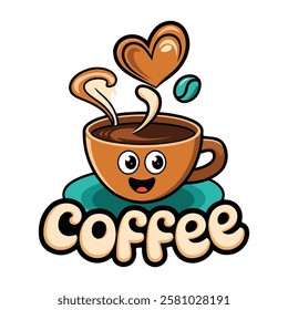 Happy Coffee Cup Cartoon with a smiling face on a saucer t-shirt design, Funny Coffee Cup Coloring Page vector element.