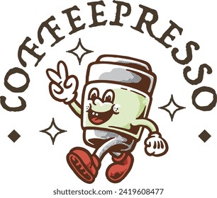 Happy coffee cup character mascot with retro style