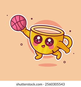 happy coffee cup character mascot playing basketball isolated cartoon