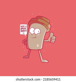 Happy coffee cup character vector illustration. Motivation, inspiration, drink design concept.
