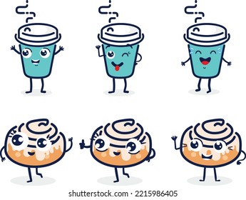 Happy coffee cup and cinnamon roll cartoon set