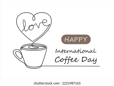 ¡Feliz Día del Café! Dibujo continuo de líneas. Una taza de café caliente. El vapor en forma de corazón.