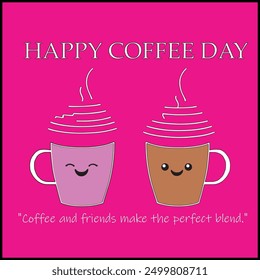 Happy Coffee Day, Couple Cups With Background Pink, 2 Cups With Sweet Smile, Hot Coffee With Pink Colour