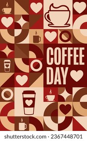 Happy Coffee Day. Holiday concept. Template for background, banner, card, poster with text inscription. Vector EPS10 illustration