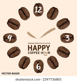 Happy coffee hour vector banner, morning coffee corner vector illustration, vector coffee beans clock