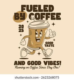 Happy coffee mascot full of energy, perfect for t-shirt, poster, or lifestyle merchandise