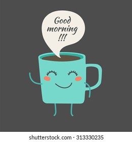 Happy coffee mug.  Hand drawn vector illustration.