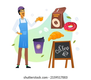 Happy Coffee Shop Owner - Modern Colored Vector Poster On White Background With Man, Croissant, Hot Tea Cup, Donut And Menu Sign. Lunch, Morning, Break, Rest, Delicious Drinks And Food Idea