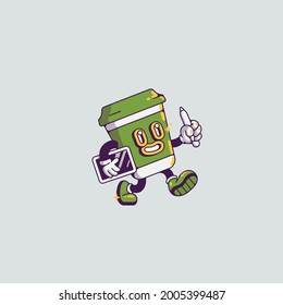 Happy Coffee Walking Bring Tablet and Pencil Illustration. Flat Cartoon Style