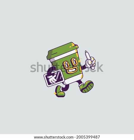 Happy Coffee Walking Bring Tablet and Pencil Illustration. Flat Cartoon Style