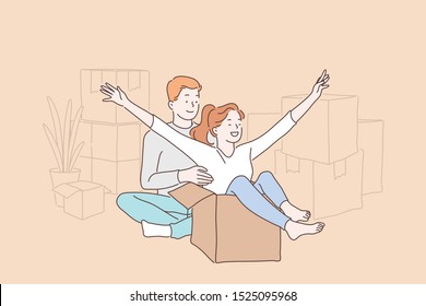 Happy cohabitation, fun relocation concept. Young couple playing with cardboard boxes after buying new apartment, cheerful husband and wife playful mood. Simple flat vector