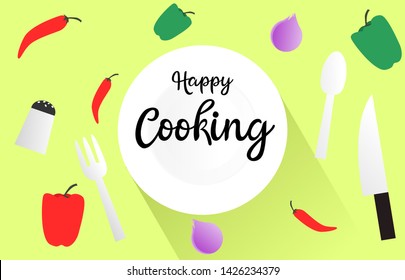 Happy coking in the kitchen wallpaper background vector illustration design