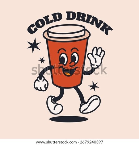 Happy cola. Fast food cold drink character. Vintage mascot waving hands. Hot and tasty cafe and restaurant label or emblem. Poster or card. Comic funny vector cartoon flat style isolated illustration