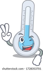 Happy cold thermometer cartoon design concept with two fingers