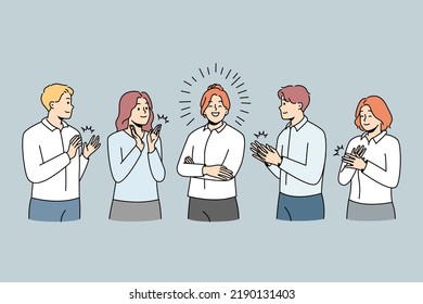 Happy colleague applaud greeting successful businesswoman with personal work achievement. Smiling employees clap hands show acknowledgement to female leader. Vector illustration. 