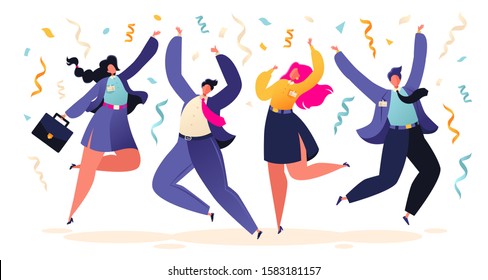 Happy colleagues, business people, managers team celebrating success or corporate holiday. Young people men and women jumping and dancing with hands up. Cartoon flat vector illustration.