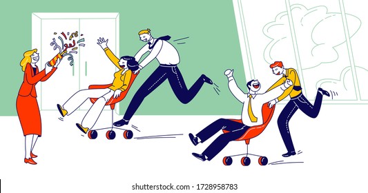 Happy Colleagues Characters Having Fun at Workplace Conducting Office Chair Races. Corporate Activity, Laziness, Employees Competition, Challenge and Fooling Fun. Linear Vector People Illustration