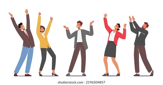 Happy Colleagues Office Employees Rejoice with Raised Arms, Male Female Characters Feel Positive Emotions, Celebrate Victory or Success Isolated on White Background. Cartoon People Vector Illustration