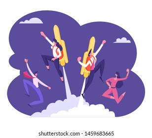 Happy Colleagues See Off Couple of Cheerful Business Workers Flying Off with Jet Pack. Man and Woman Flying Up by Rocket on Back. Career Boost, Leadership, Success. Cartoon Flat Vector Illustration