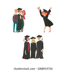 Happy college graduates in graduation cap and gown with diplomas, parents, flat vector illustration isolated on white background. College graduates - happy girl, boy with parents, group of classmates