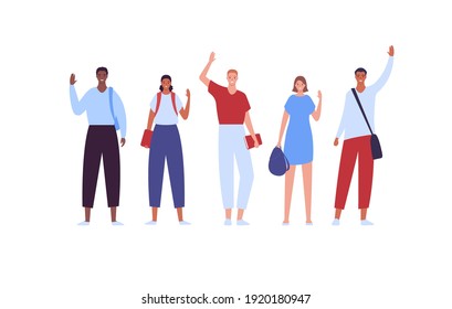 Happy college student concept. Vector flat creative illustration. Diverse multiethnic male and female group. Indian, caucasian latin and african american young boy and girls with backpack and book.