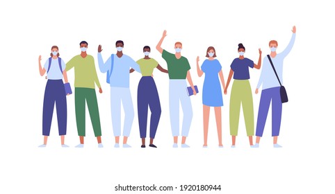 Happy college student crowd. Vector flat creative illustration. Diverse ethnic male and female group. Multiethnic young adult boy and girls with backpack and book in protective face mask.