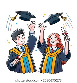 Happy college or university graduates throwing graduation caps to the sky and rejoicing. boy and girl in graduation gowns. vector illustration isolated