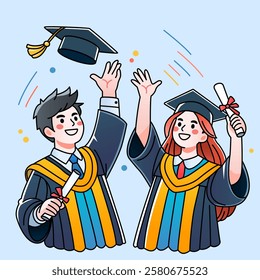 Happy college or university graduates throwing graduation caps to the sky and rejoicing. boy and girl in graduation gowns. vector illustration isolated