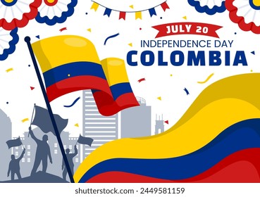 Feliz Día de la Independencia de Colombia Ilustración vectorial el 20 de julio con banderas y cintas en el fondo plano de dibujos animados de la celebración nacional de Festiva