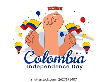 Feliz Dia da Independência da Colômbia Ilustração vetorial com uma bandeira e fita de agitação colombiana em um fundo de celebração nacional de feriado