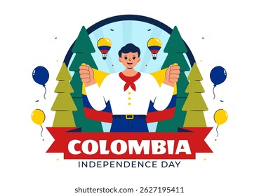Feliz Dia da Independência da Colômbia Ilustração vetorial com uma bandeira e fita de agitação colombiana em um fundo de celebração nacional de feriado