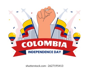Happy Colombia Independence Day Vector Illustration featuring a Colombian Waving Flag and Ribbon in a National Holiday Celebration Background