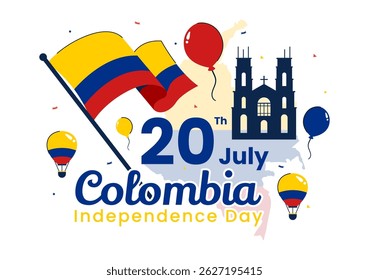 Feliz Dia da Independência da Colômbia Ilustração vetorial com uma bandeira e fita de agitação colombiana em um fundo de celebração nacional de feriado