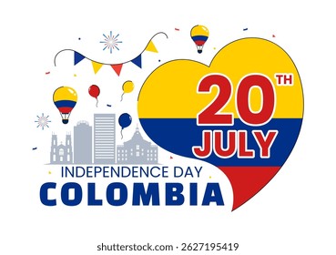 Feliz Dia da Independência da Colômbia Ilustração vetorial com uma bandeira e fita de agitação colombiana em um fundo de celebração nacional de feriado