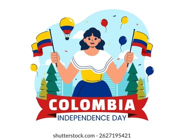 Happy Colombia Independence Day Vector Illustration featuring a Colombian Waving Flag and Ribbon in a National Holiday Celebration Background