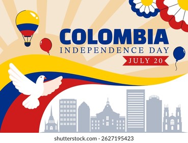 Feliz Dia da Independência da Colômbia Ilustração vetorial com uma bandeira e fita de agitação colombiana em um fundo de celebração nacional de feriado