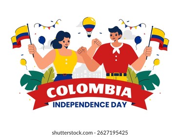 Feliz Dia da Independência da Colômbia Ilustração vetorial com uma bandeira e fita de agitação colombiana em um fundo de celebração nacional de feriado