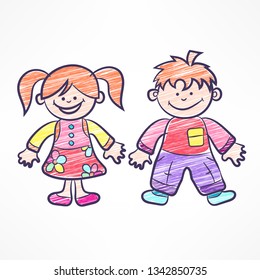 Happy color cartoon boy and girl. Happy figures of funny characters kids. Vector illustration.