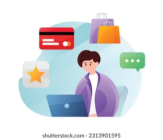 Happy colored man character shopping online. Big sales and discounts. Purchase of goods via internet. Shopaholic people and e commerce. Vector illustration on white background