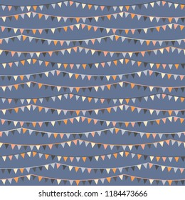 Happy colorful bunting pattern, seamless vector repeat on steel blue background. Trendy flat style. Great for packaging materials, gift paper, textiles and other surfaces, cards, scrapbooking, etc.