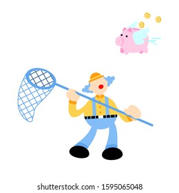 happy colorful clown catch Pig Bank money dollar economy cartoon doodle vector illustration flat design style