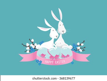 Happy colorful easter bunnies with eggs vector composition for menu, invitation, email, banner, poster, party, event