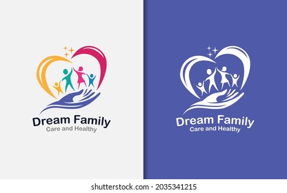 Happy Colorful Family Combined with Abstract Loving Hearth and Hand Shape Logo Design. Vector Logo Illustration.