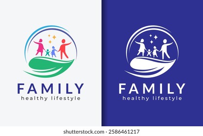 Happy Colorful Family Combined with Green Leaf Logo Symbol Design. Representing Love, Care and Healthy Family Lifestyle, 