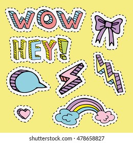 happy colorful fashion patches or pin badges collection including bow, heart, rainbow with clouds, speaking bubble, pop art lightnings, wow and hey! words. Vector hand drawn fashion stickers kit. 