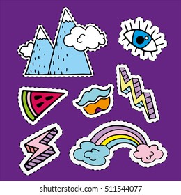 happy colorful fashion patches or pin badges collection including rainbow with clouds, pop art lightnings, mountain, eye, lips and watermelon slice. Vector hand drawn fashion stickers kit.