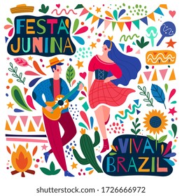 Happy colorful Festa Junina Viva Brazil poster design with a young man playing guitar and woman dancing surrounded by colorful icons, colored vector illustration