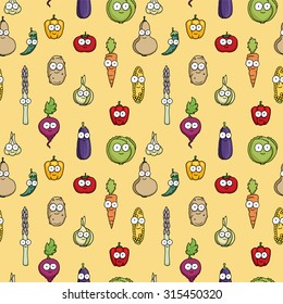 Happy colorful, fresh various vegetables with faces, seamless pattern vector illustration