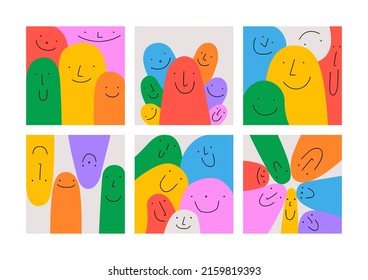 Happy colorful friends group together, diverse people team illustration set. Funny cartoon characters smiling. Cute children doodle collection. Friendly community, kid education or friendship concept.